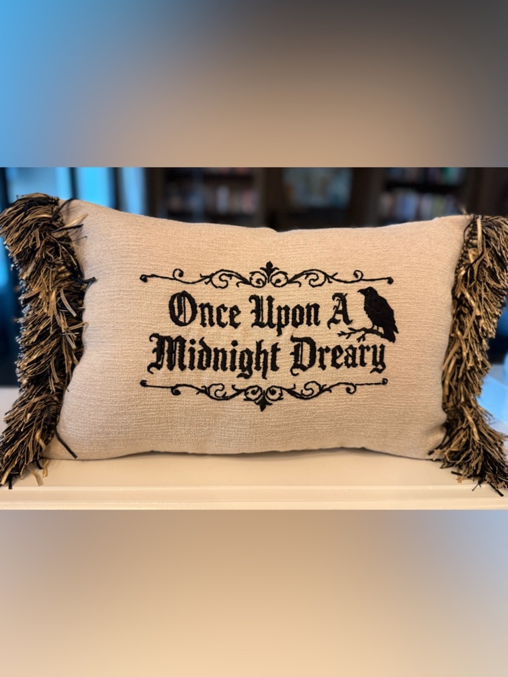 Once Upon A Midnight Dreary Hand Embroidered Pillow - The Raven